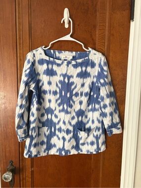 Vineyard Vines Blue and White Ikat Print Women’s 3/4 Sleeve Blouse - XS